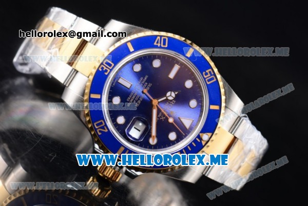 Rolex Submariner Clone Rolex 3135 Automatic Two Tone Case/Bracelet with Blue Dial and Dot Markers White Hands (BP) - Click Image to Close